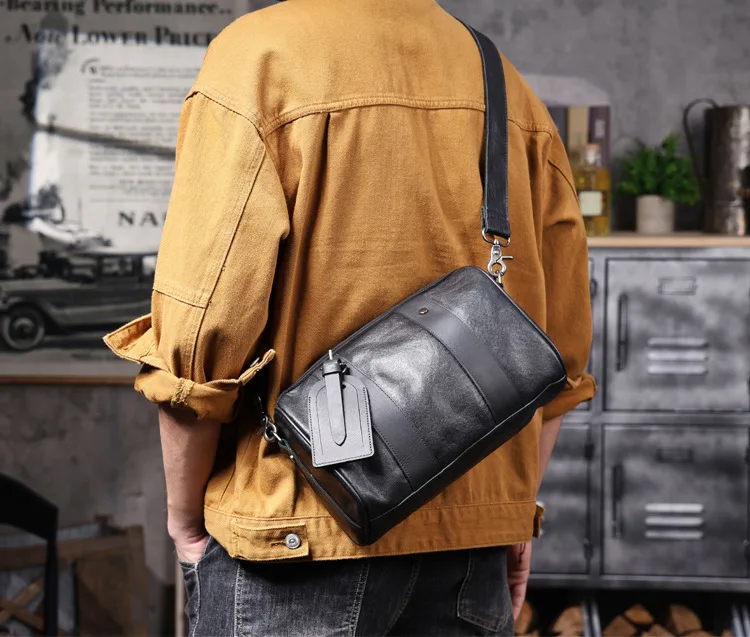 Outdoor-Reisen hochwertige echtes Leder Herren schwarze Zylinder Umhängetasche lässig Designer handgefertigte Rindsleder Umhängetasche – Detail 1