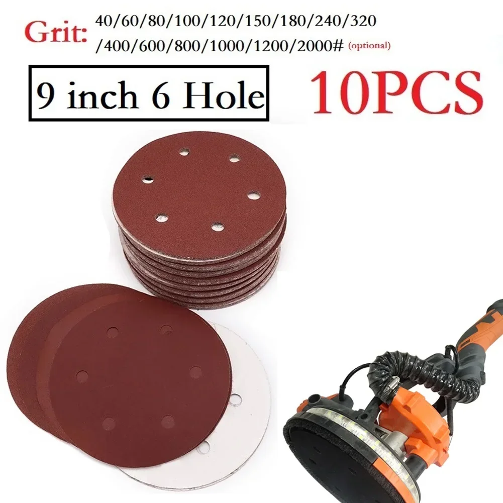 10pcs 225mm Sandpaper 6 Hole Round Hook Loop Sanding Paper 40-2000grit Sanding Disc Abrasive Polishing Tools