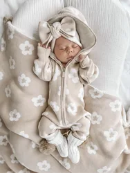 2024 Autumn New Baby Long Sleeve Hooded Romper Newborn Infant Flower Zipper Knitted Jumpsuit Boy Girl Toddler Clothes 0-24M