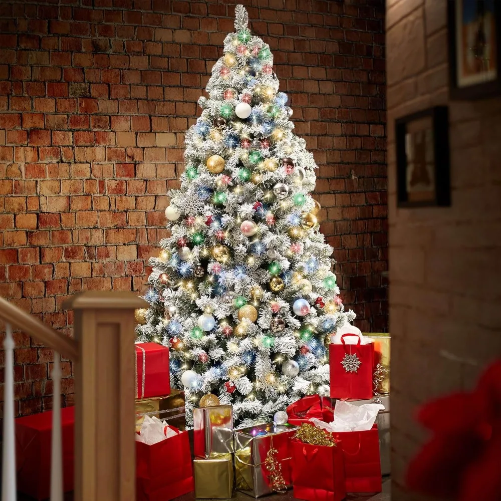 

7.5FT Realistic Snow-Flocked Pine with White and Multicolor LED Lights, 9 Light Sequence Artificial Holiday Christmas