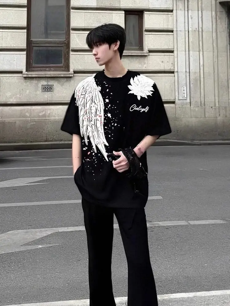 

Sakura Wings ort Sve T-irt Cotton Letter Print ex Summer Street Sle Heavyweight Faion Brand Breathable Top