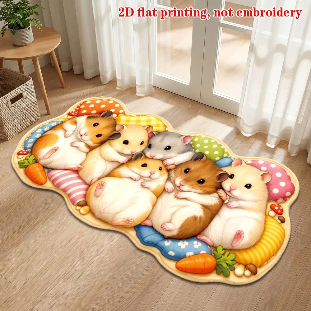 VIKAMA Cute Stacked Hamster Irregular Rug Colorful Polka Dot Carrot Print Non Slip 2D Printing Doormat Bedroom Room Floor Mat