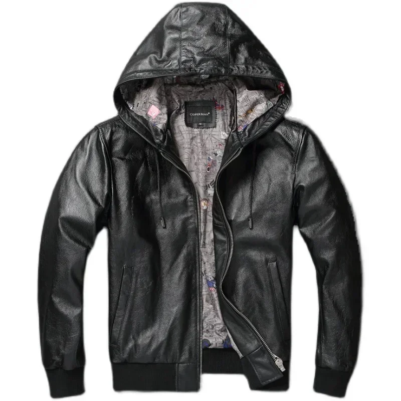 

Men Leather Jacket with Hood Genuine Cowhide Slim Fit Male Skin Coat Spring Autumn Clothing Chamarras De Cuero Para Hombre