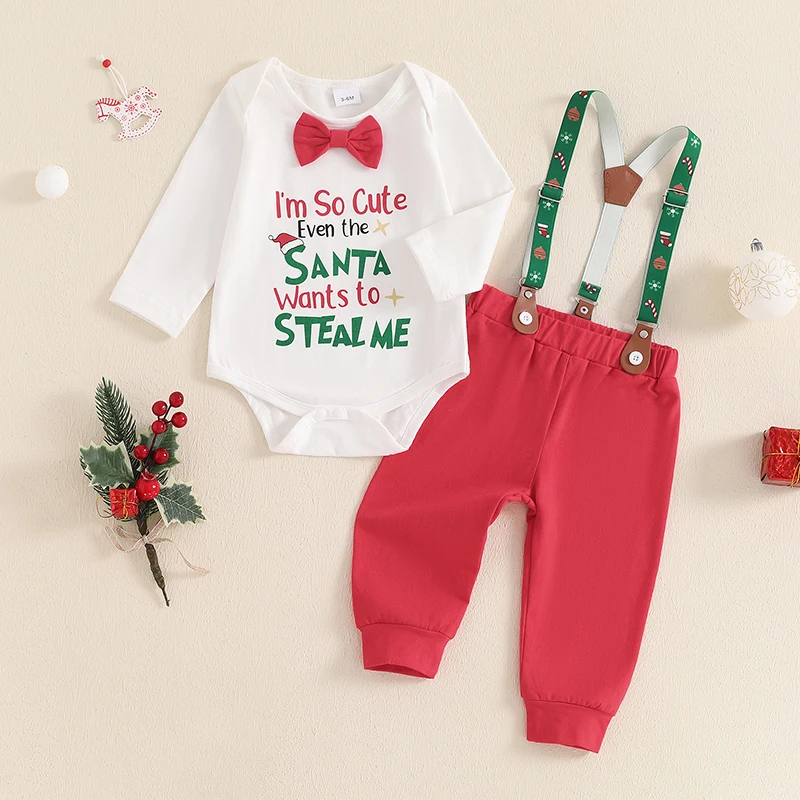 Baby Boys Christmas Set Bow Tie Letter Print Long Sleeve Round Neck Romper Overall Pants Outfit