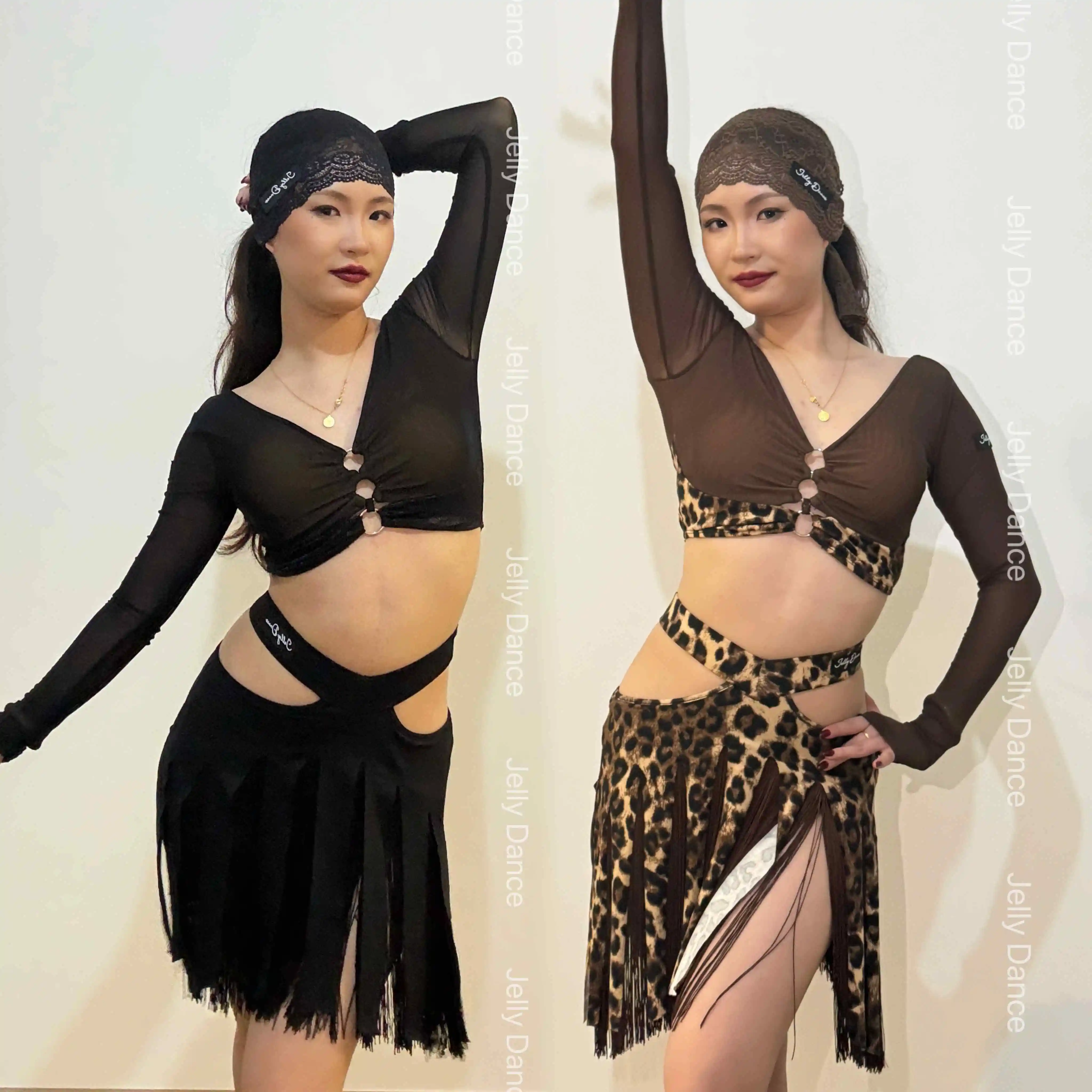 

Latin Dance Practice Clothes Women V Neck Long Sleeves Tops Fringed Skirt Black Brown Leopard Adult ChaCha Dancewear DNV26887