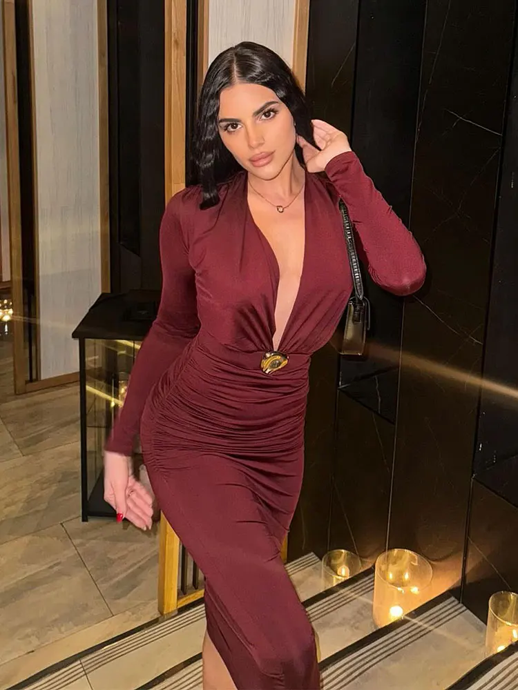 

TRAFZA Women Spring New Sexy Deep V-neck Inlaid Belt Long Sleeve Dress Female Temperature Slim Evening Dress Pleated Long Dress