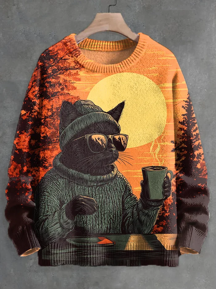 

Men's Art Print Knit Pullover Sweater Cool Cat Drinking Coffee Graphic Sweatshirt for Fall with Sunglasses Design Unisex