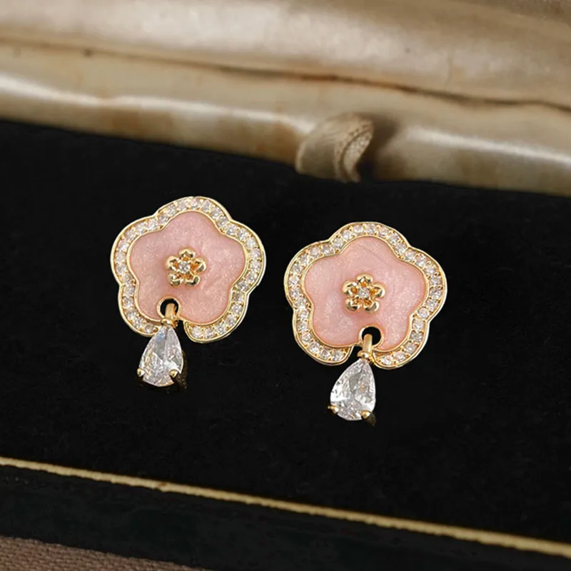 

New Sweet Flower Zircon Stud Earrings for Women Fashion Korean Pink Glaze Crystal Personality Drop Earring Party Jewelry Gifts