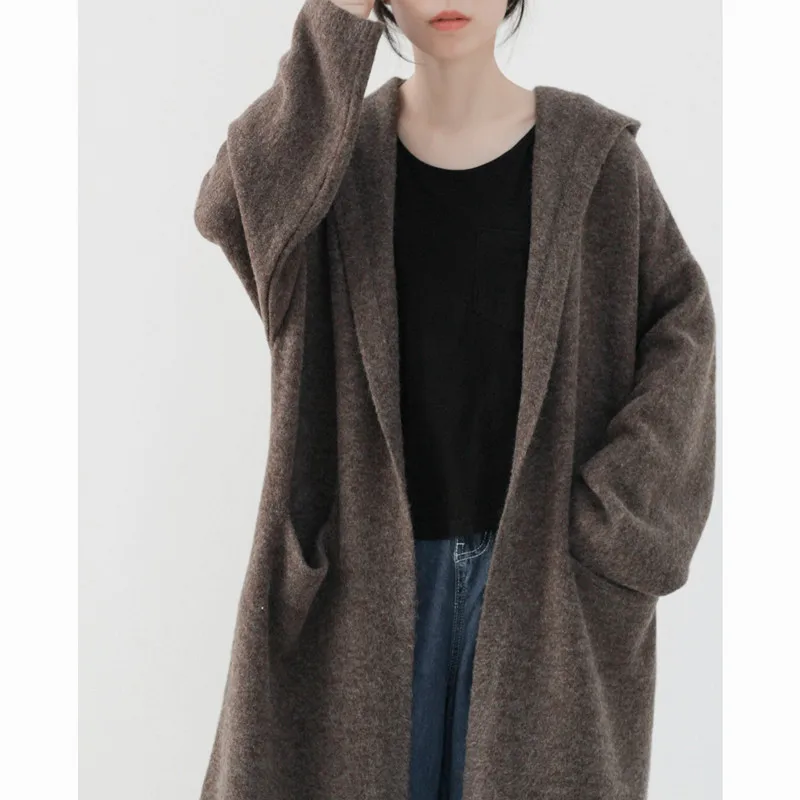 

Medium Length Hooded Sweater Cardigan For Women Loose Lazy Style Autumn Winter Sweaters Jacket Thick Woolen Knitwears Coat