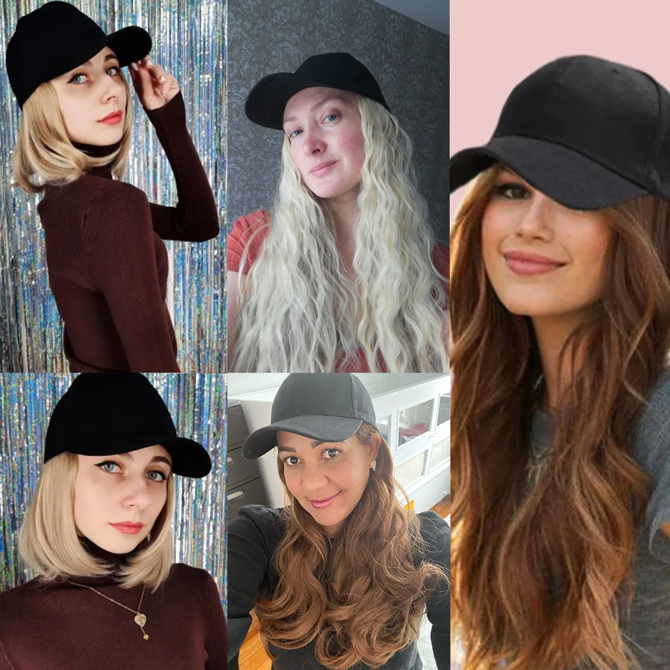 Benehair Synthetic Fluffy Natural Wavy Hair Wigs Cap Straight Baseball Wig Bob Wig Kinky Curly Adjustable Hat Wig Cap With Hair