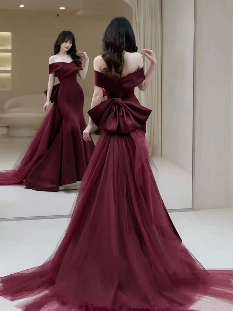 

Red Wedding Dr Evening Gown for Women Fi Tail Sle Korean Version ort Sve Embroidered One oulder Dr