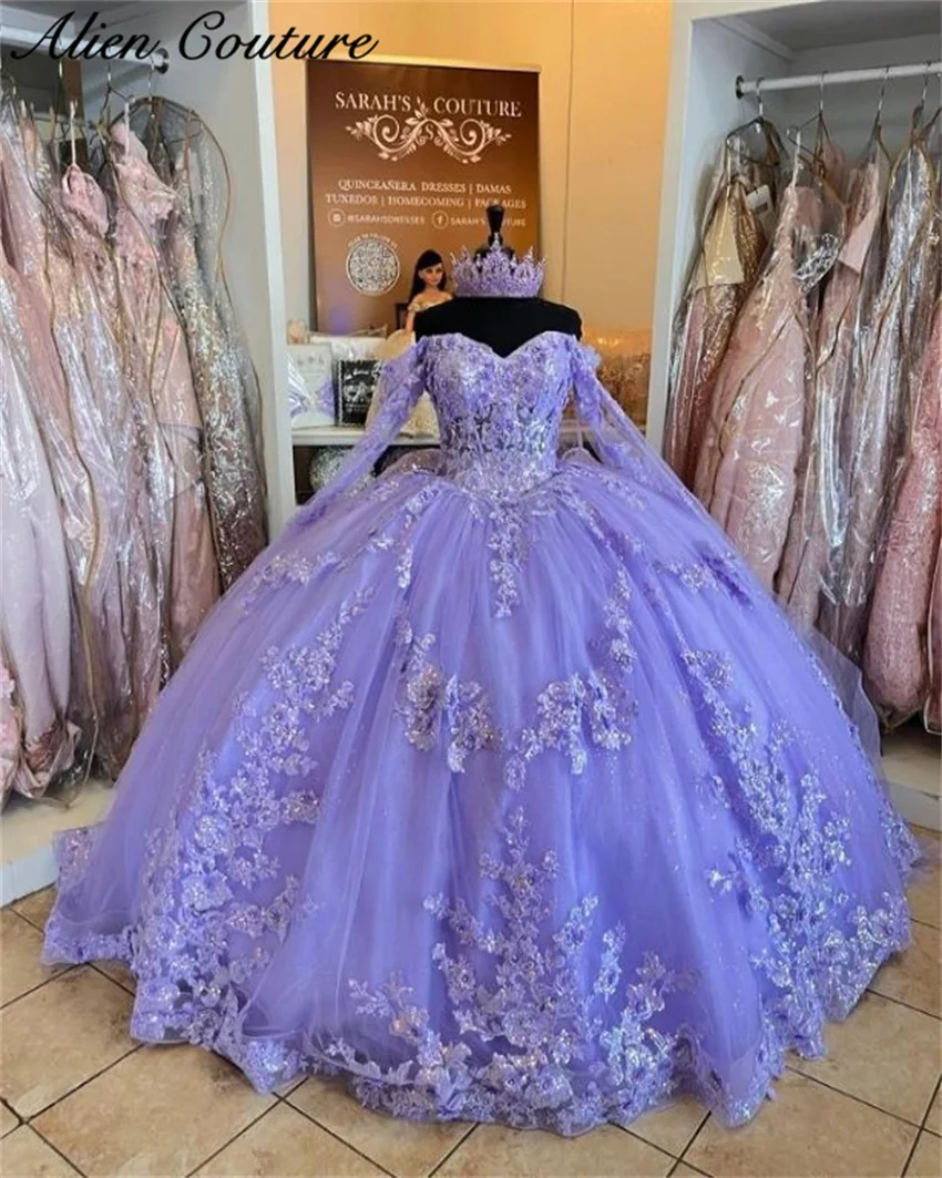 

Lavender Purple Quinceanera Dresses Appliques Crystal Ball Gown 2024 Birthday Party Gowns Vestidos De 15 Long Sleeves Customized