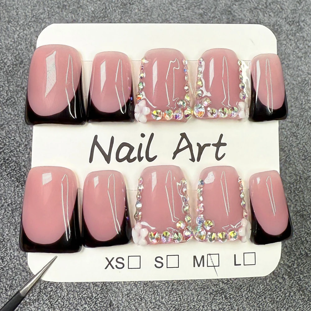 

10pcs Short Duckbill Handmade Fake Nails Art Diamond Tips Design Simple Black French False Nail Press on Nails Wearable Set