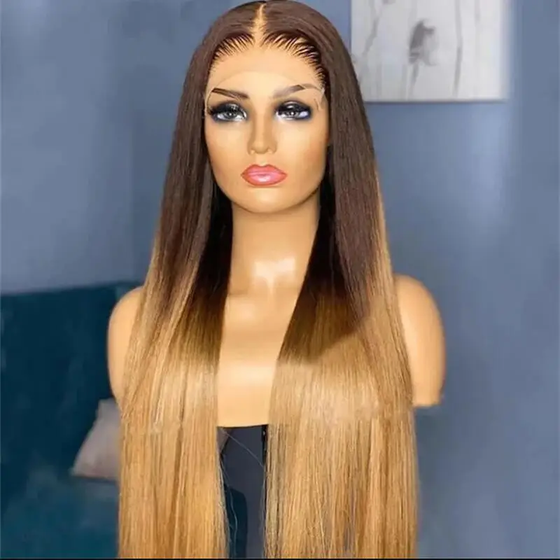 180Density Soft Long 26 “ Ombre Blonde Brown Silky Straight Lace Front Wig For Women Babyhair Preplucked Heat Resistant Glueless