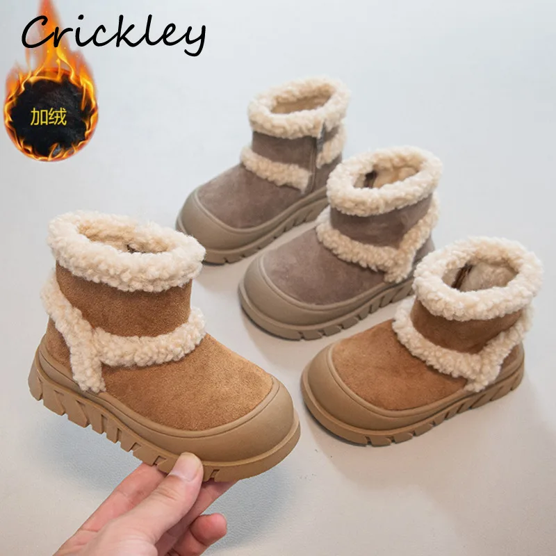 

Solid PU Leather Children Snow Boots Winter Plush Warm Soft Girls Casual Boots Cotton Zip Non Slip Kids Ankle Shoes