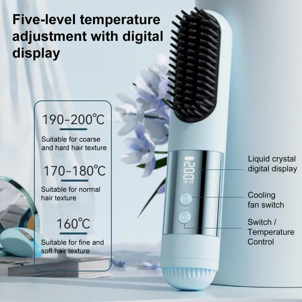 Cordless Hair Straightener Brush 3 Temperature LCD Display Hair Straightening Comb Cold Air Mode Rechargeable Fast Heating Elect