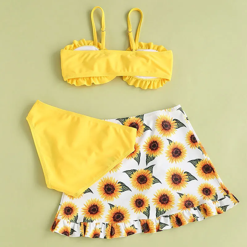 New Summer Kids costume da bagno Girls Set Girl girasole Print Ruffle Hem Bikini costume da bagno Ruffle Swimwear outfit Infant Hollow Bikini