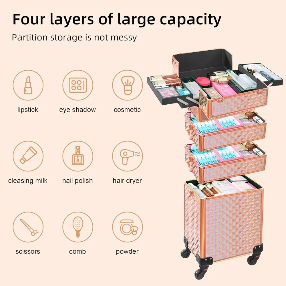 حقيبة مكياج رولينج 4 في 1، منظمات حقائب تدريب المكياج الاحترافية، عربة تخزين كبيرة لمستحضرات التجميل #3