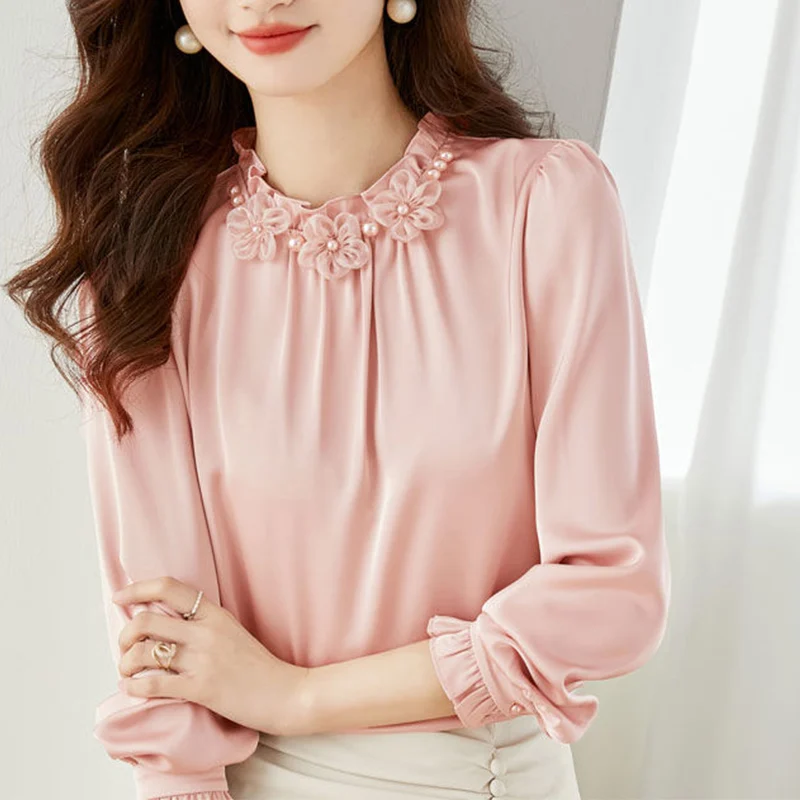 2023 New Temperament Pleated Solid Color Chiffon Half Height Collar Long Sleeve Blouse Women Clothes Elegant Floral Shirts Tops