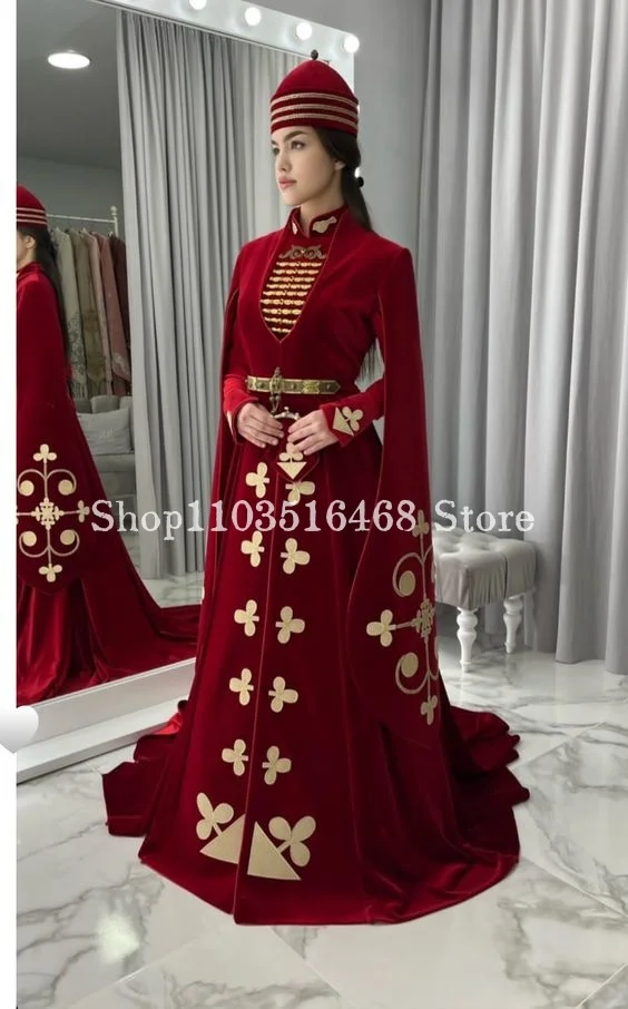 Arabic Wedding Dress 2024 For Women Burgundy High Neck Embroidered Beaded Long Sleeve Muslim Bridal Gown فساتين سهرة