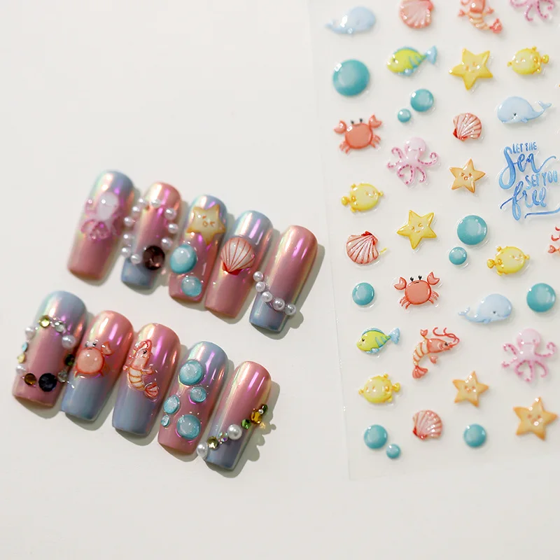 1PCS 5D Embossed Summer Sea Nail Kawai Stickers Dreamy Ocean Shell Animal World Nails Design Manicure Decoration Accessories DIY