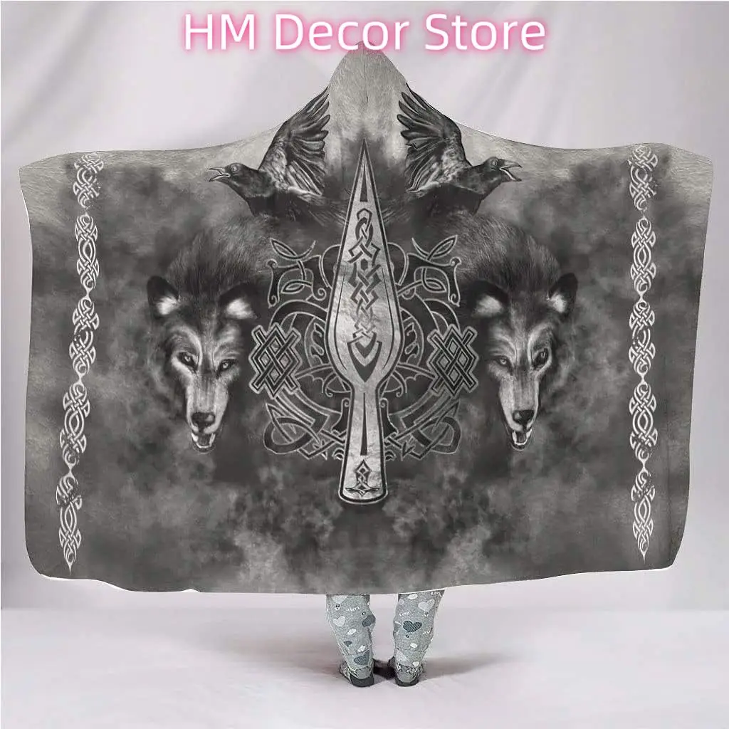 Viking Odin Fenrir Wolf Hooded Blanket Norse Mythology Gungnir 3D Print Celtic Tattoo Pattern Flannel Lining Super Soft Cozy Hom