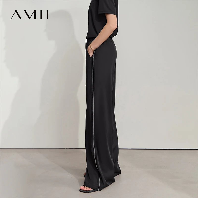Amii Loose Casual Pants Solid Color Straight 2025 Summer Office Lady Draped Pockets Draped Slim Tie Webbing Trousers 12542178