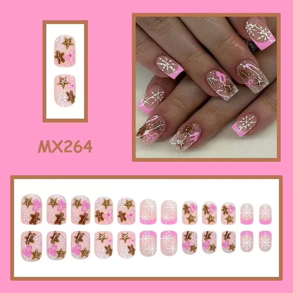Christmas Press‑on Nails Short Square Shape Pink French Edge Hand Drawn Snowflake Gingerbread Candy Cane Design False Nails