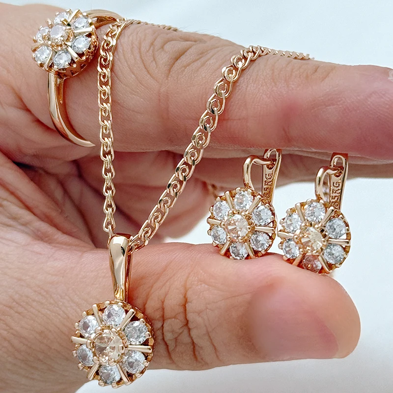 Kienl Trend 585 Rose Gold Color Ring Earrings Necklace for Women Shiny Natural Zircon Accessories High Quality Daily Jewelry