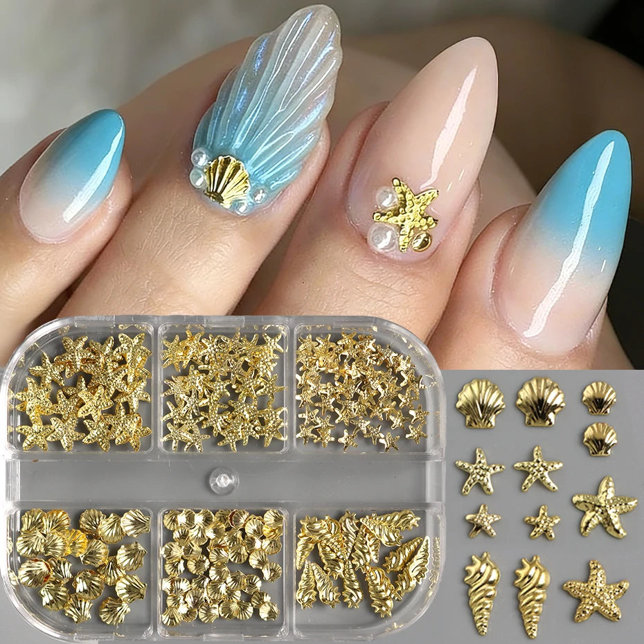 3D Gold Seashell and Starfish Nail Art Charms for Summer Manicures