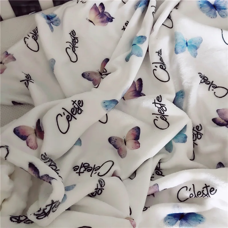 Name Personalized Baby Blanket Swaddling Baby Bedding Crib Swaddle Butterfly Custom Newborn Gift Baby Blanket Birthday Gift