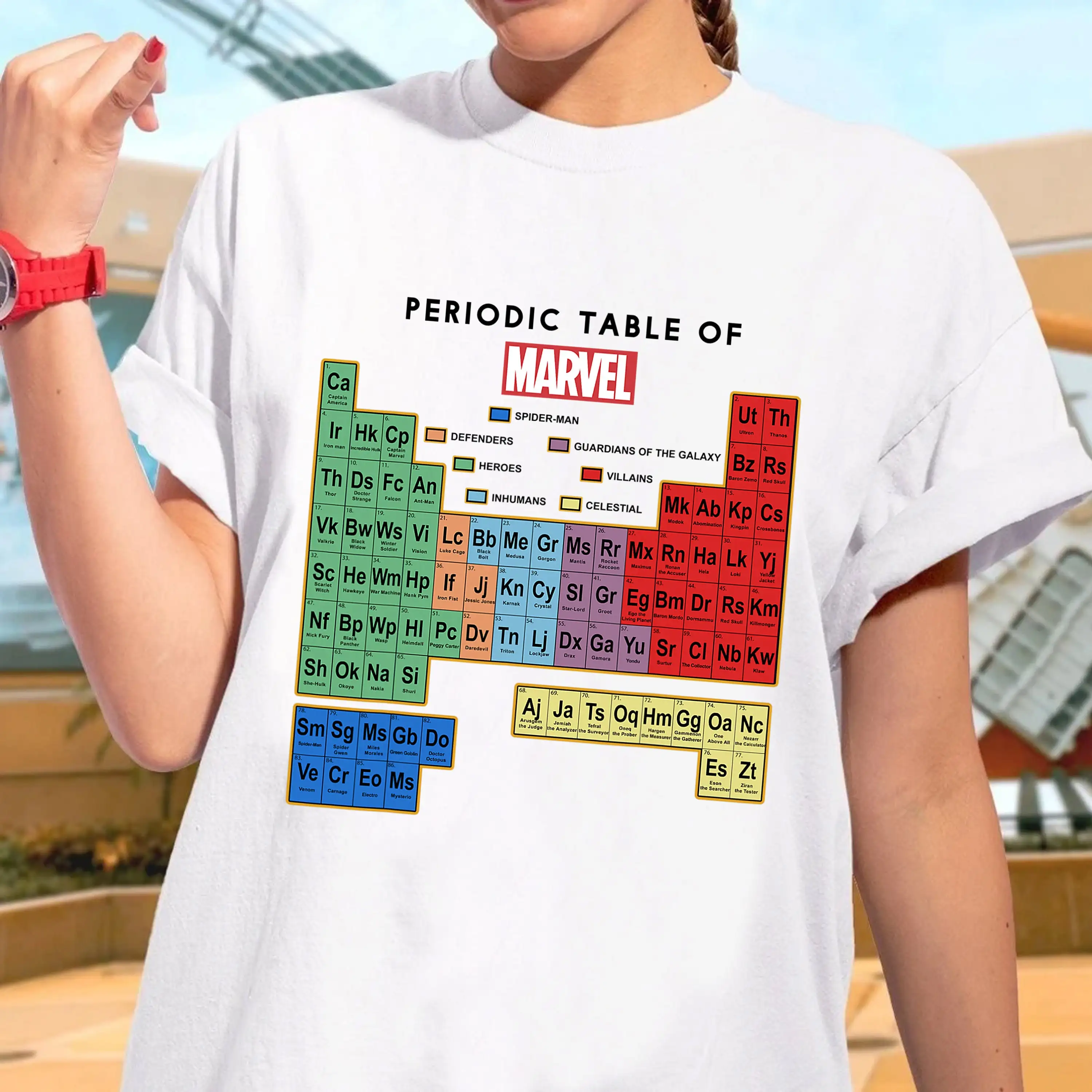 Camisetas de algodón con estampado gráfico de tabla periódica de Marvel para hombre y mujer, camisetas de manga corta de lujo para exteriores, verano, Otoño e Invierno