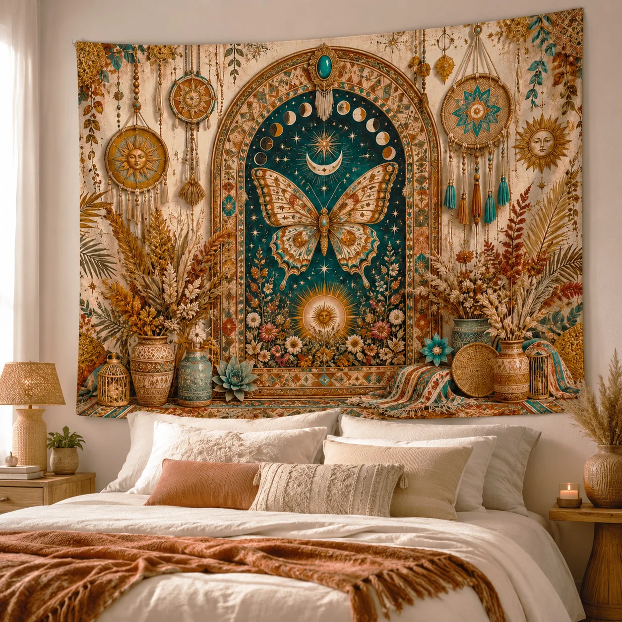 Dreamcatcher Tapestry Wall Hanging Butterfly Moon Phase Large Fabric Wall Tapestries Boho Home Room Decor for Bedroom