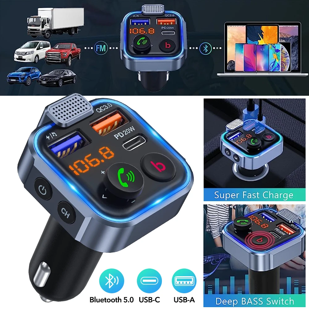 

Upgraded V5.0 FM Bluetooth Transmitter Car, Car Adapter Bluetooth FM Radio Adapter Music Player/Car Kit, PD 20W and QC 18W