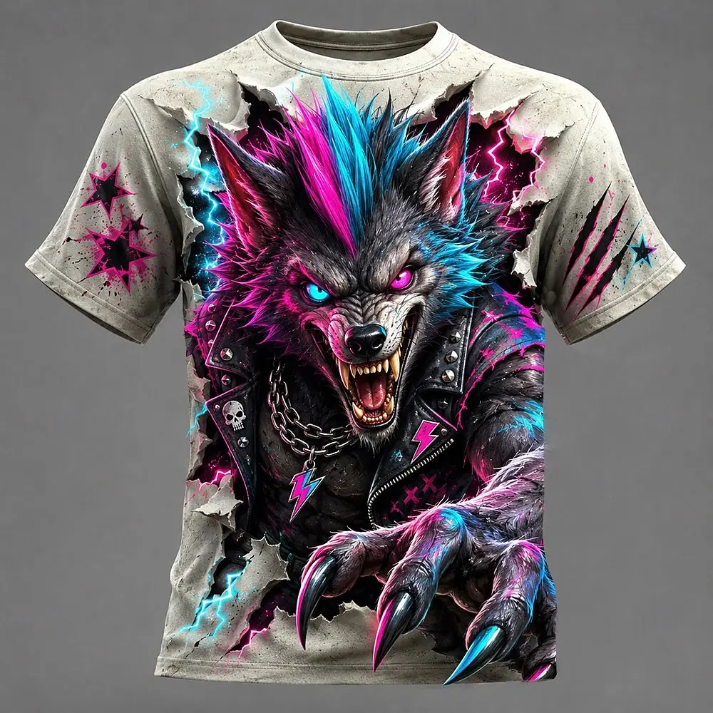 Men's Spring Summer 3D Printed Crew Neck Tee, Pink Blue Neon Lightning Punk Color Hair Werewolf Fashion Street Top