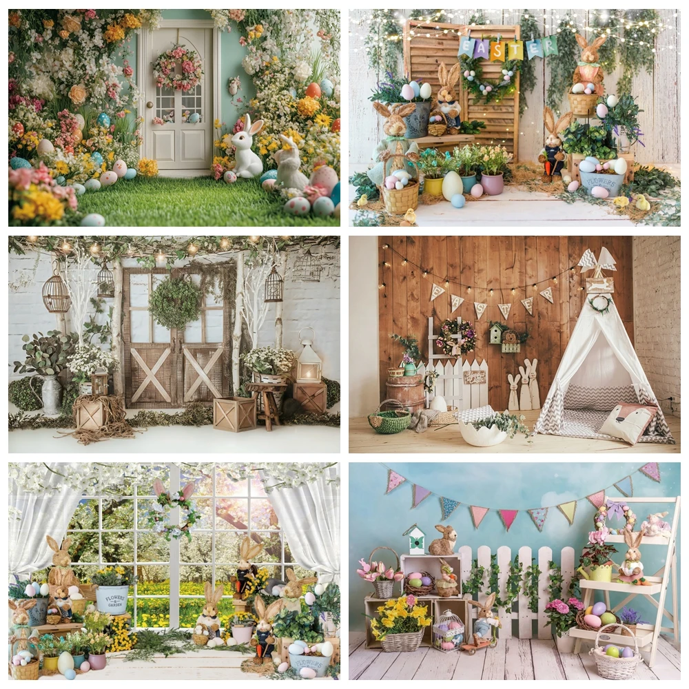 Spring Easter Day Background For Photography Bunny Easter Eggs Flower Vintage Wood Board Kids Birthday Party Decor Backdrops