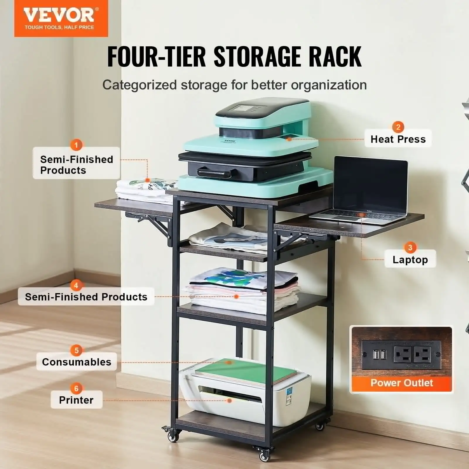 Heat Press Table with Charging Station 4 Tier Movable Heat Press Stand