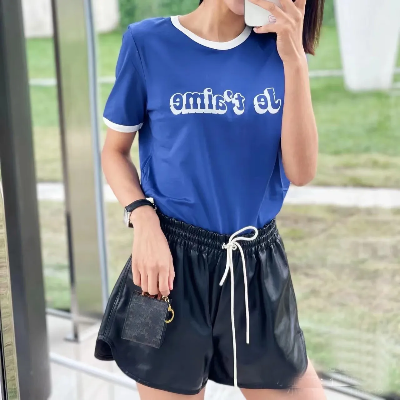 2025 Spring Summer New Classic Letter Water Printing Versatile Simple Casual White Blue Cotton Short Sleeved Women's T-Shirt