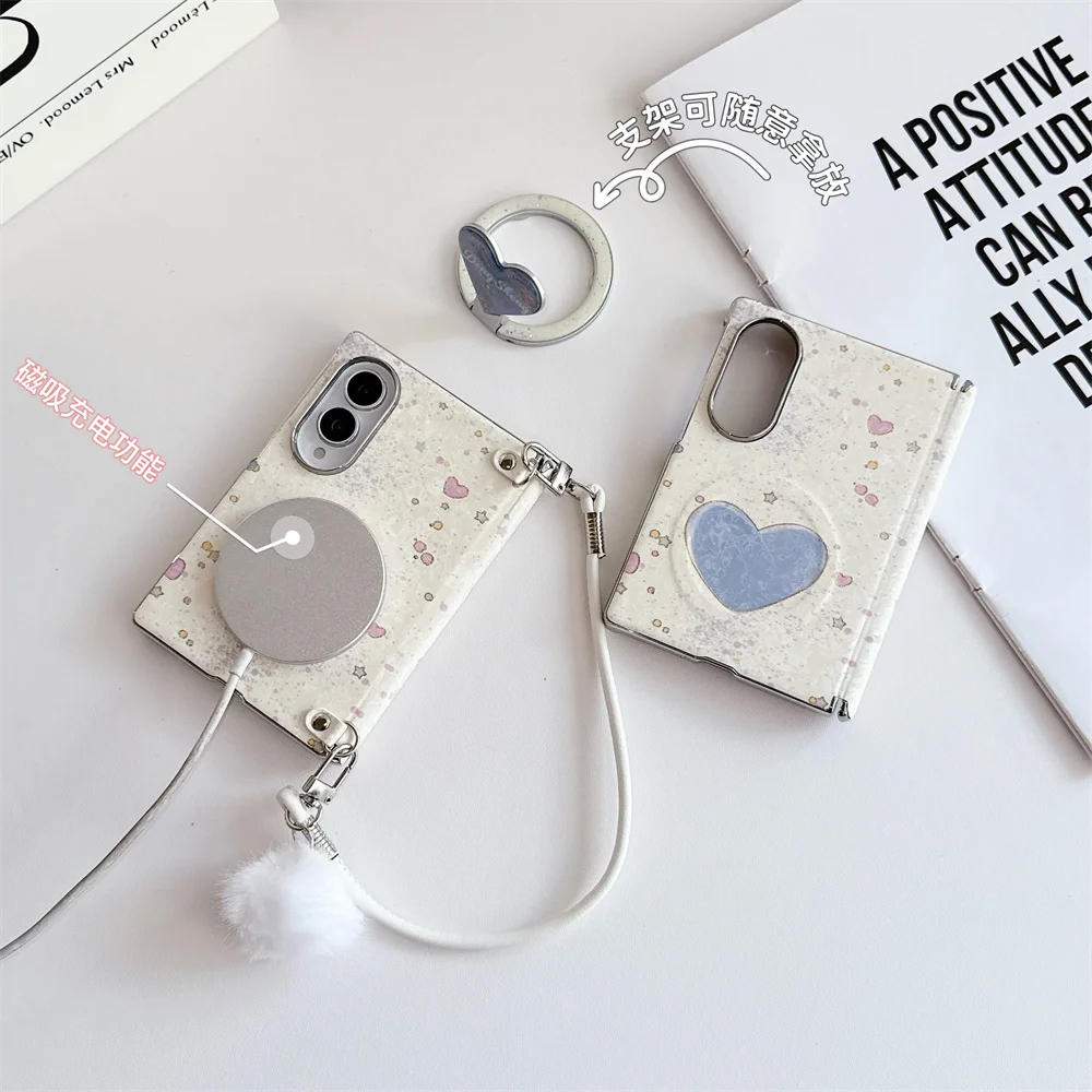 Kawaii Cartoon Girl love Magnetic Phone case for Samsung Galaxy Z Fold 8 Ultra Fold 7 6 5 Fold8 Cover With Magsafe Stand Chain