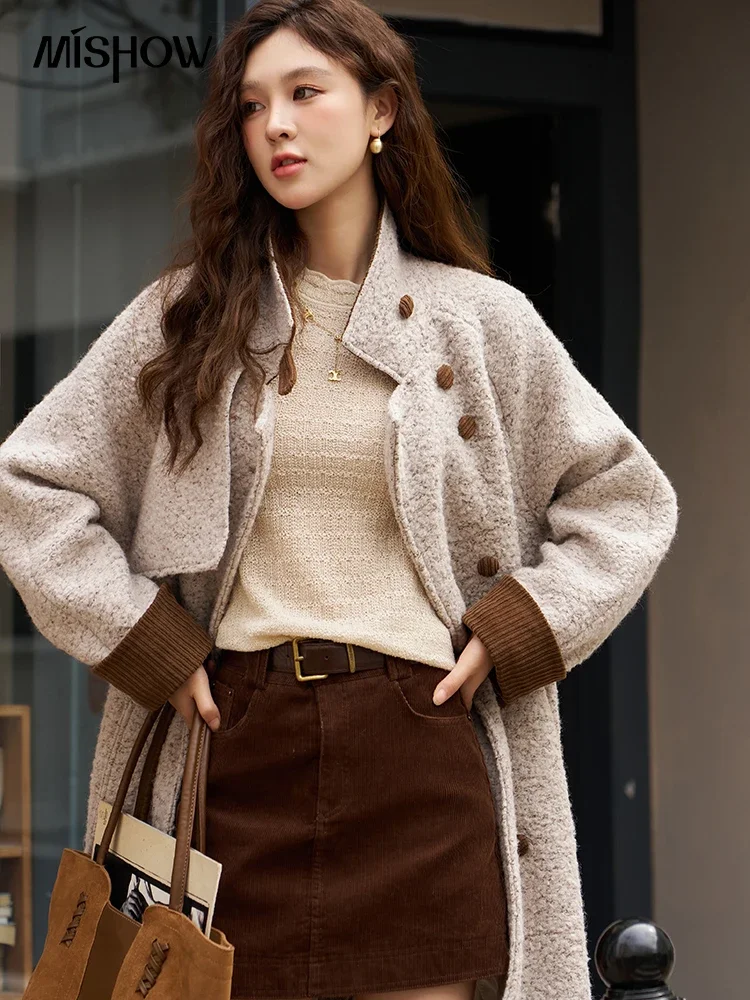 MISHOW Winter Women\'s Imitation Lamb Wool Coat 2023 Fashion Loose Double Breasted Stand Collar Thick Warm Long Coats MXC55W0143