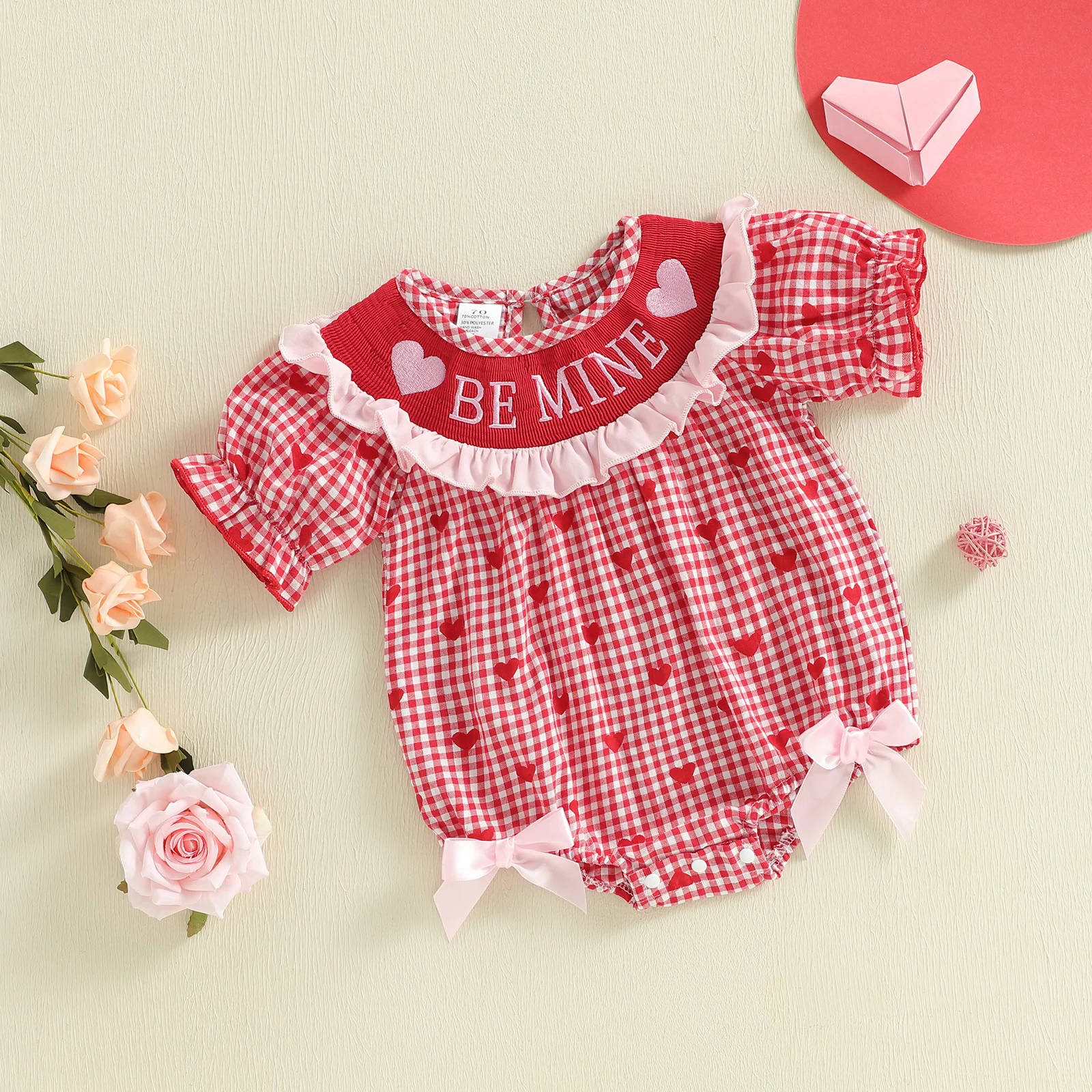 

0-24M Infant Baby Girl Valentines Day Romper Plaid Heart Letter Ruffle Trim Short Sleeve Jumpsuit Cute Spring Clothes