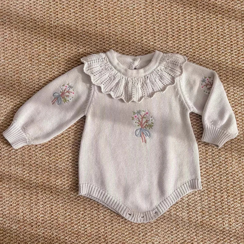 Novo bebê de malha macacão outono bordado bebê meninas macacão babados colarinho manga longa roupas recém-nascidos infantil macacões do bebê