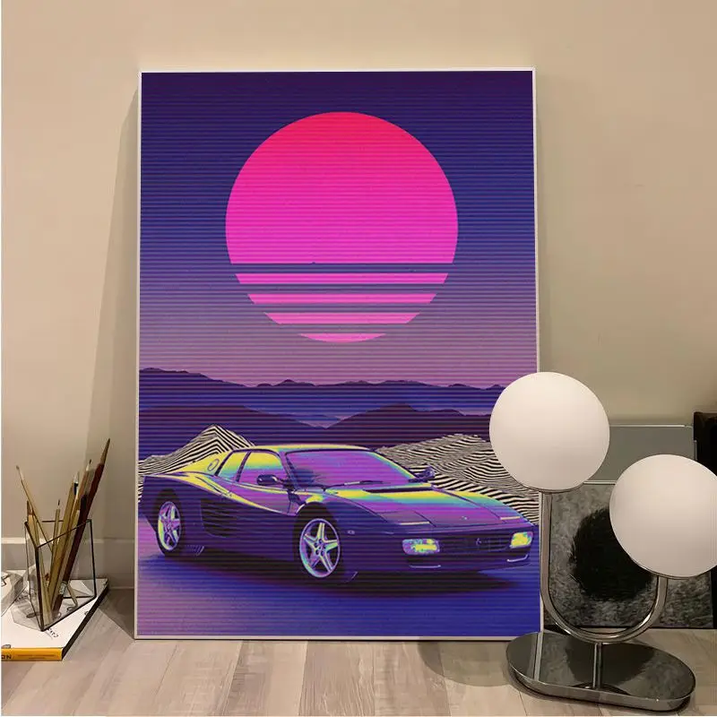 Tokyo Street Racing Synthwave Neon 80S Anime Posters Kraft Paper Prints and Posters Stickers Wall Painting