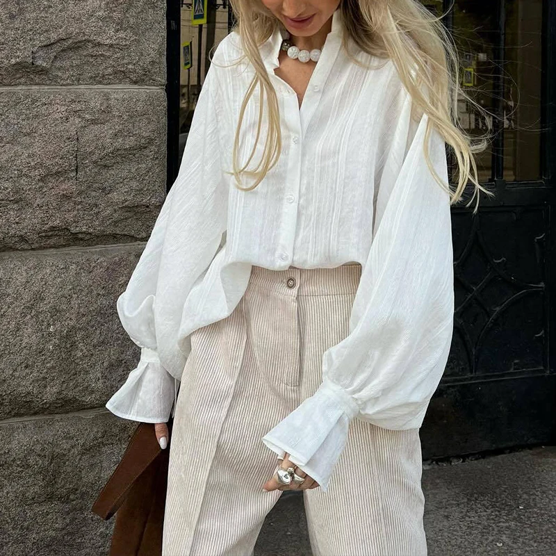 

OMSJ Female 2025 New Long Flare Sleeve Turn-down Collar Loose Fit Button Up Fashion Elegant White Shirt Blouse Casual Streetwear
