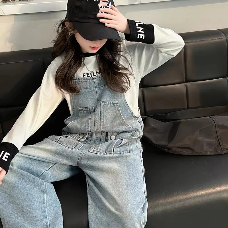 Spring Kids Overalls Slim Trousers Girls Suspender Bib Denim Pants Teenage Jeans Jumpsuit Clothes Children Clothing 5-14Years