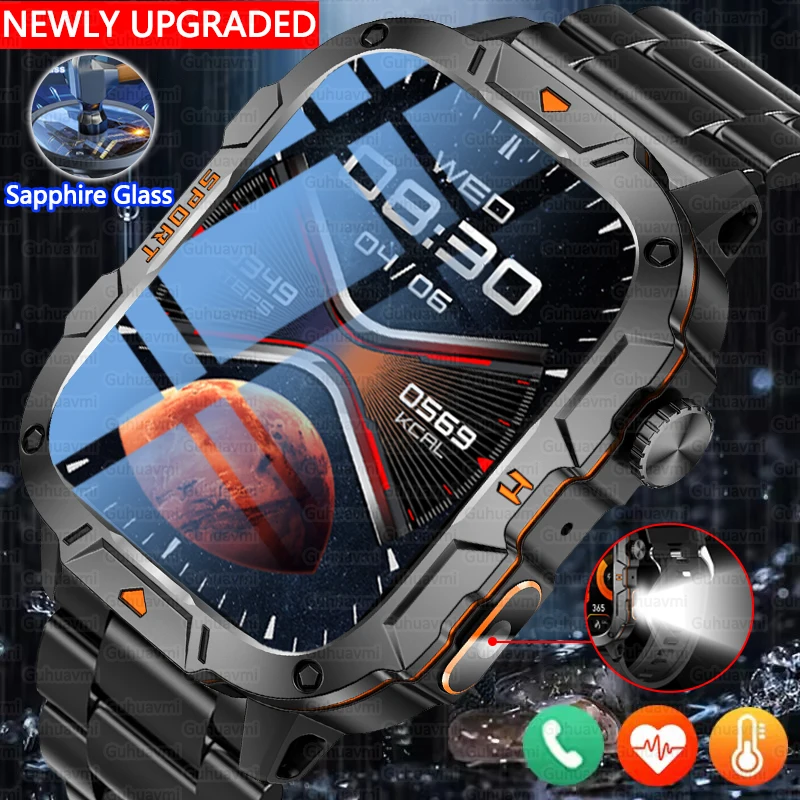 2026 New Military Grade Smart Watch Men 1.96" AMOLED Screen 5ATM Waterproof Simming Sports Fitness Tracker BT Call Smartwatches