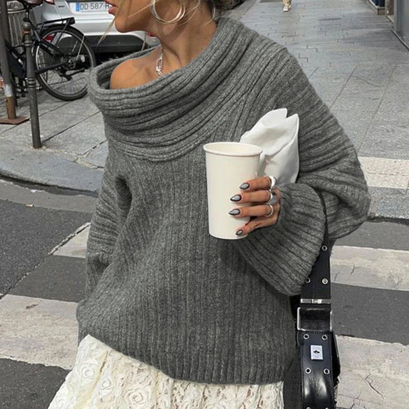 Fall Ladies Elegant High Street Sweater Vintage Solid Color Long Sleeve Commuter Sweater Sexy One Shoulder Thick Knitted Sweater