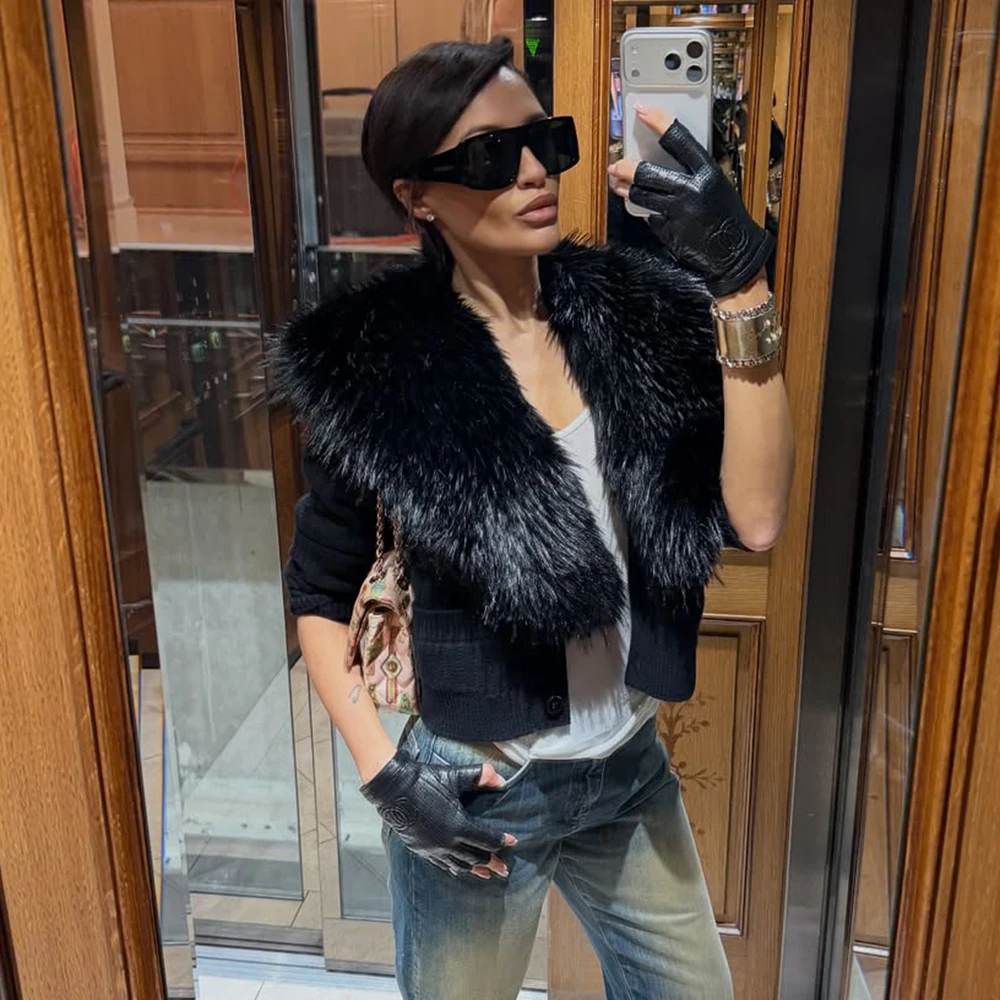 Talenza Women's Black Fleece Cardigan Fashion Elegant Long-Sleeved Patchwork Slim Sweaters Vintage Streetwear Female Outerwear