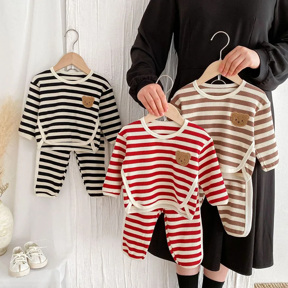 2024 Autumn Baby Clothing Set Girls Waffle Striped Boys Cotton Cartoon Bear Top+Pants Fashion 2Pcs Infant\'s Outfit