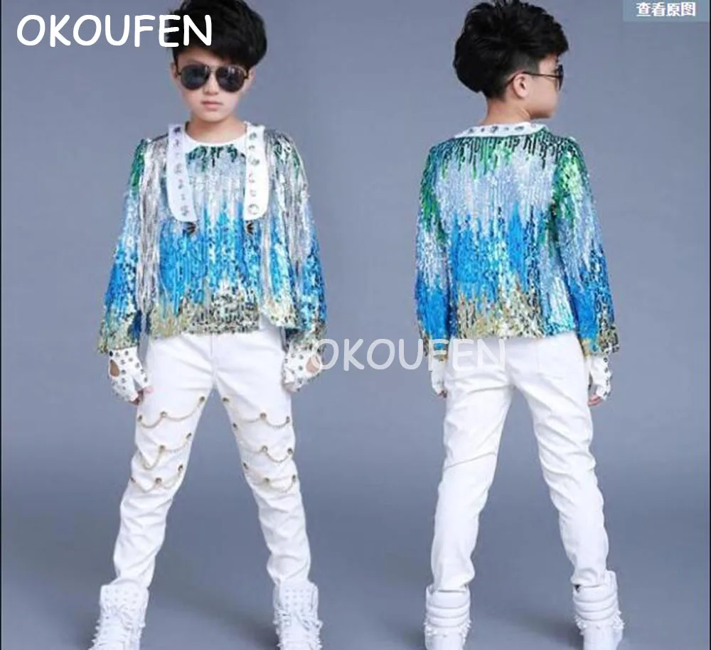 

Children's stage model show Dancewar Boys' drum performance suit Korean style sequin tassel baseball jacket